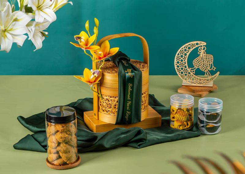 Woven gift basket with orchids and cookie jars